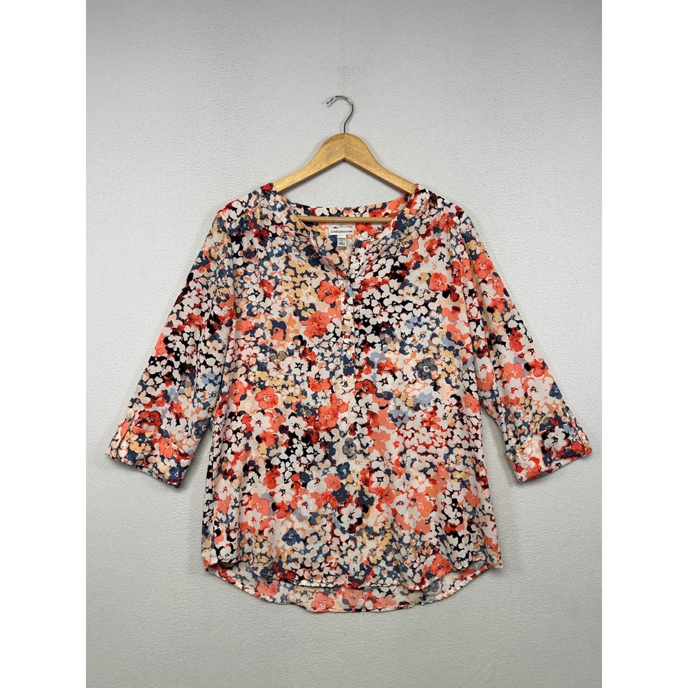 Cottagecore Croft & Barrow Womens Large Orange Floral 3/4 Sleeve Henley Blouse